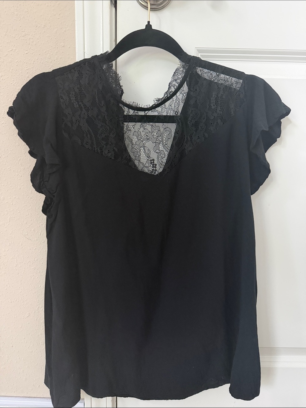 H&M Black Lace Yoke Flutter Sleeve Top
